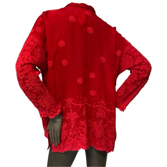 Johnny Was Red Embroidered Longsleeved Collared Top Blouse - Picture 5 of 12